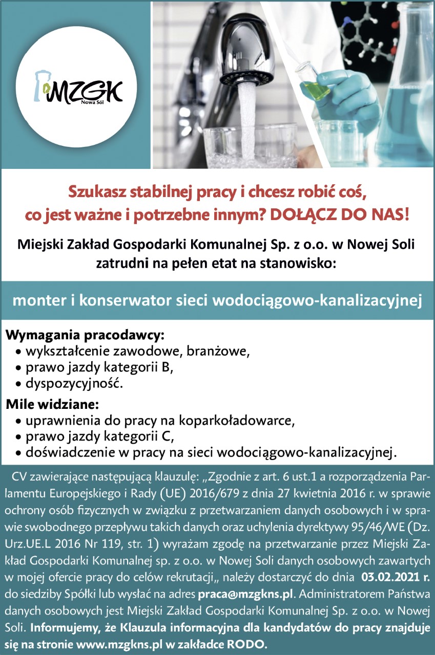 Ogłoszenie o poszukiwaniu kandydatów do pracy na stanowisko monter-konserwator sieci